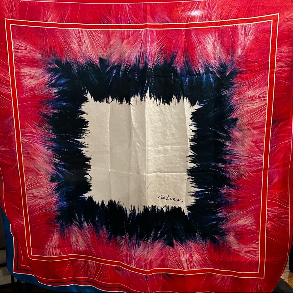 Roberto Cavalli 100% Silk Scarf 35x35 Red Blue Feather Print Made in Italy RARE